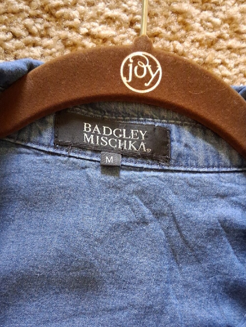 Badgley Mischka Blue Denim Button-Front Blouse + Embellished Rhinestone Collar - Picture 5 of 9